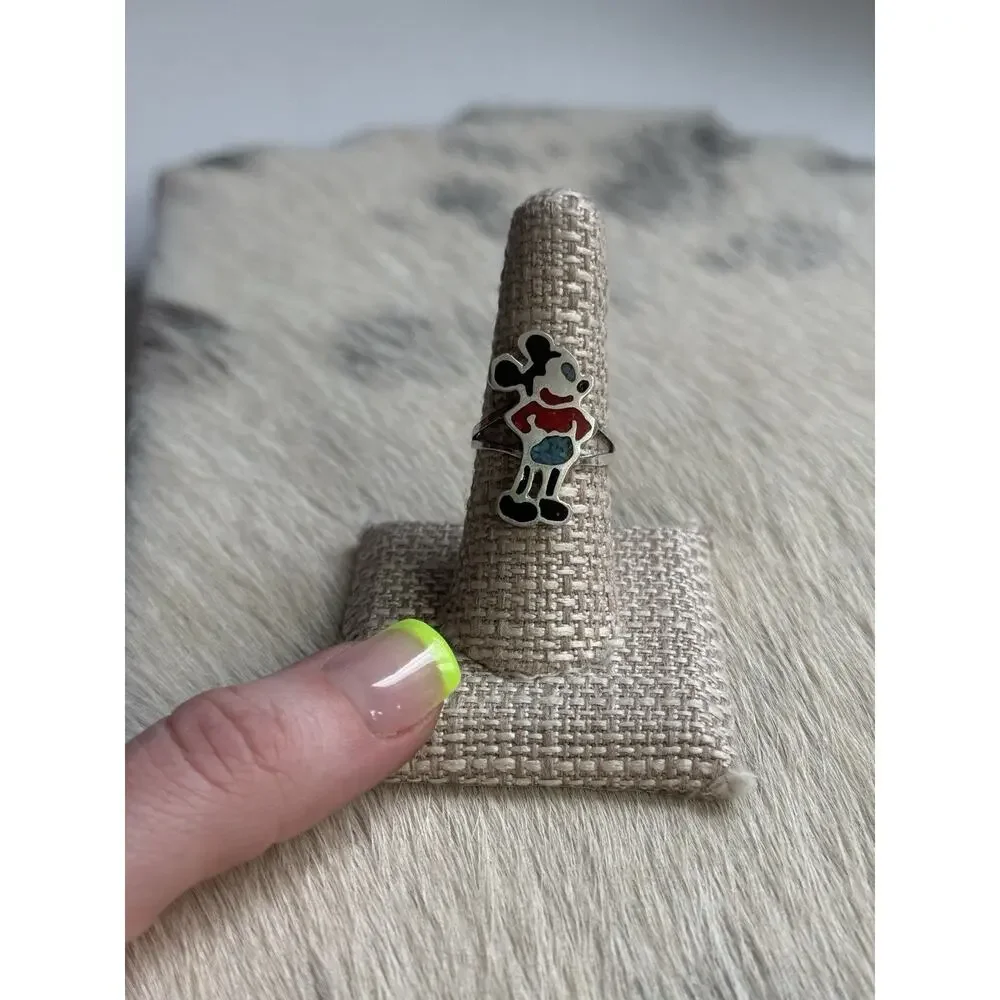 Sterling Silver Crushed Inlay Mickey Mouse Character Ring Turquoise Coral Onyx